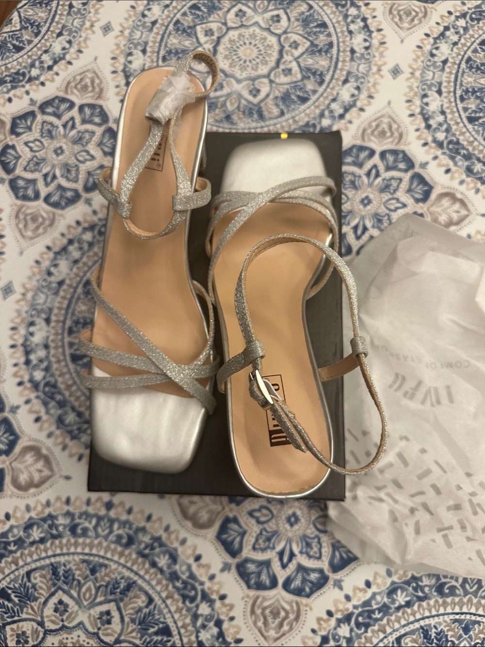 IDIFU Silver Glitter Strappy Square-Toe Heeled Sandals